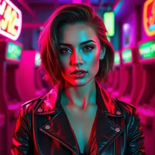 Portrait of a woman wearing shiny leather jacket, neon pink and green lighting from both sides, retro 80s arcade background, metallic lipstick, high contrast, bold shadows.