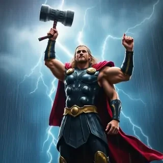 Thor standing with his hammer Mjölnir raised toward the sky, lightning striking behind him, hyper-muscular physique, detailed armor with gold accents, flowing red cape, cinematic rain and thunder, ultra realistic style.
