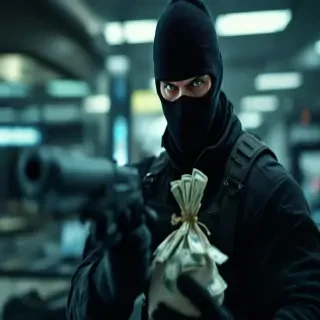 A muscular, dangerous-looking man in the middle of a bank robbery, wearing a black ski mask and tactical outfit. He’s holding a money bag in one hand — visibly overflowing with cash — and a gun in the other, inside a modern high-security bank. Intense and threatening expression. Cinematic style, dramatic shadows, high contrast, motion blur in the background, realistic lighting. Ultra-realistic, action movie scene, depth of field, cinematic color grading