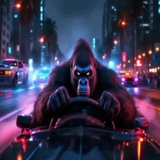 A high-octane street racing scene at night, inspired by Fast & Furious. The focus is on the front of a racing car, with a realistic, muscular, angry gorilla driving — gripping the wheel intensely. The gorilla looks powerful and fierce, with realistic fur texture and glowing eyes, wearing urban racing gloves. Behind him, several other modified street racers with neon underglow race through the wet city streets. The scene is filled with smoke, motion blur, reflections on the asphalt, and a cheering crowd on the sidelines. Palm trees, skyscrapers, and streetlights add to the urban vibe. Cinematic style, dramatic lighting, depth of field, ultra-realistic, action-movie aesthetic