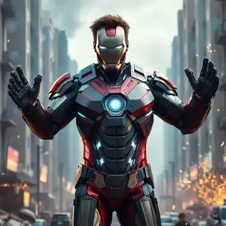 Tony Stark wearing an open Iron Man suit revealing a sculpted torso with arc reactor embedded, mechanical arms partially deployed, standing in a war-torn urban zone, sparks flying, ultra detailed realism.