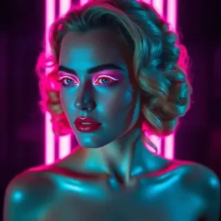 Portrait of a beautiful woman with retro-futuristic makeup, glowing neon eyeliner, soft vintage curls, backlit with pink and cyan LED lights, glossy skin, high fashion vibe, cinematic soft focus.