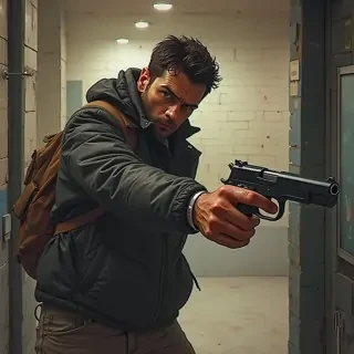 Imagen realista de hombre con una pistola en la mano robando un banco