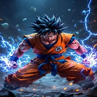 Quiero una imagen de goku en una pelea épica, con dinero y joyas, con un fondo luces led fucsia y  azul oscuro, estilo punk, que él esté enojado
