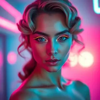 Portrait of a beautiful woman with retro-futuristic makeup, glowing neon eyeliner, soft vintage curls, backlit with pink and cyan LED lights, glossy skin, high fashion vibe, cinematic soft focus.
