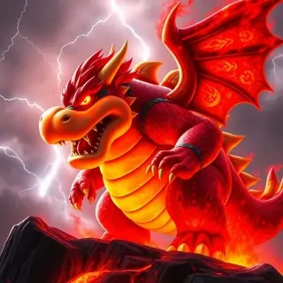 Bowser from Mario Bross, reimagined as a colossal fire-breathing dragon with molten scales and glowing red eyes, standing on a lava cliff with thunder in the background, realistic fantasy concept art, ultra detailed