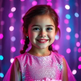 Portrait of a smiling little girl wearing a glittery dress, surrounded by pink and cyan LED lights, glowing soft light on face, dreamy and magical atmosphere, cinematic background blur.