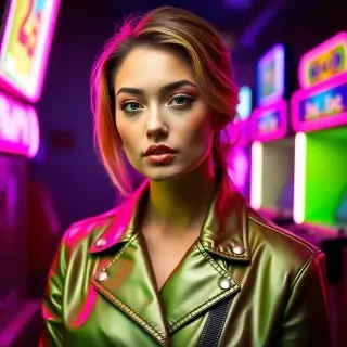 Portrait of a woman wearing shiny leather jacket, neon pink and green lighting from both sides, retro 80s arcade background, metallic lipstick, high contrast, bold shadows.