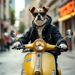 a picture of a gap dog riding on a vespa