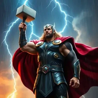Thor standing with his hammer Mjölnir raised toward the sky, lightning striking behind him, hyper-muscular physique, detailed armor with gold accents, flowing red cape, cinematic rain and thunder, ultra realistic style.