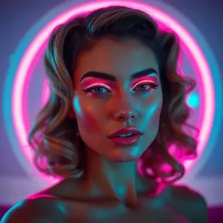 Portrait of a beautiful woman with retro-futuristic makeup, glowing neon eyeliner, soft vintage curls, backlit with pink and cyan LED lights, glossy skin, high fashion vibe, cinematic soft focus.