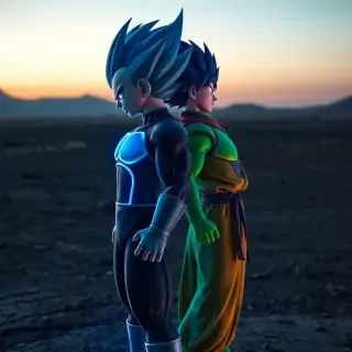 Vegeta and Piccolo standing back to back on a desolate battlefield, Vegeta glowing blue aura, Piccolo green skin illuminated by dusk, detailed textures, high‑contrast realism