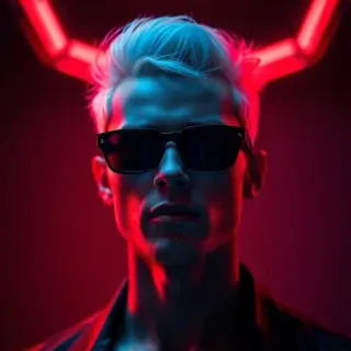 Portrait of a stylish young man with sharp jawline, vintage hairstyle, illuminated by red and blue LED lights in a dark room, wearing futuristic sunglasses, strong contrast, editorial lighting.