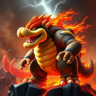 Bowser from Mario Bross, reimagined as a colossal fire-breathing dragon with molten scales and glowing red eyes, standing on a lava cliff with thunder in the background, realistic fantasy concept art, ultra detailed