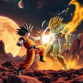 Goku in Super Saiyan form clashing with Frieza in Golden Form, energy aura colliding, rocky Namek surface under alien sky, cinematic lighting, ultra‑realistic renditions of both fighters.