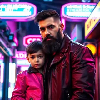 Father with stylish beard and his son wearing matching leather jackets, standing under a glowing LED sign in a futuristic city alley, electric blue and pink lights, powerful look, strong composition, magazine-style photo, realistic textures.