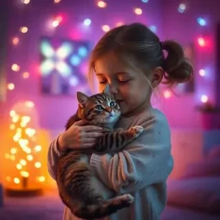 Little girl hugging her cat, both surrounded by soft LED fairy lights, futuristic pastel room, magical glow, warm vintage tones, dreamy atmosphere.