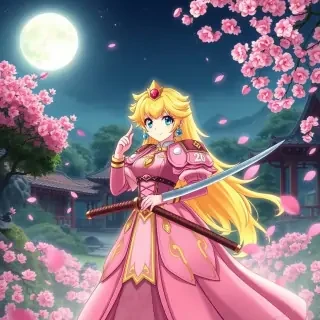 Princess Peach wearing pink and gold samurai armor, holding a katana with cherry blossom petals floating around, standing under a full moon in a Japanese garden, high-detail cinematic anime style.
