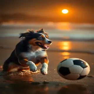 un perro en la playa con un balon de futbol