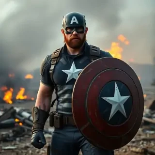 Captain America in torn tactical suit, holding his scratched vibranium shield, rugged beard, muscular arms exposed, standing on a battlefield with burning debris, photorealistic lighting and dust particles