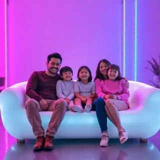 Happy modern family (parents and two kids) sitting on a glowing white sofa, surrounded by vintage LED panels in purple and turquoise tones, relaxed poses, joyful expressions, futuristic yet cozy ambiance, real-life lighting reflections