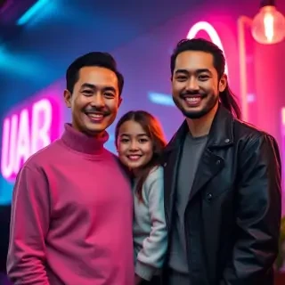Smiling family of three (father, mother, daughter) standing in front of a modern neon wall with glowing pink and cyan lights, all wearing coordinated stylish outfits, warm lighting on their faces, cinematic atmosphere, realistic portrait with soft bokeh