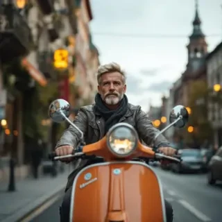 a picture of a german short haired riding on a vespa