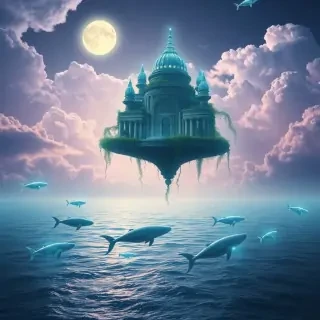 A floating ancient temple made of crystal and vines, suspended in the sky above an endless ocean, surrounded by bioluminescent whales swimming in the air, glowing moonlight, surreal dream atmosphere, soft clouds illuminated in cyan and violet hues, ultra-detailed fantasy environment, 8K cinematic style