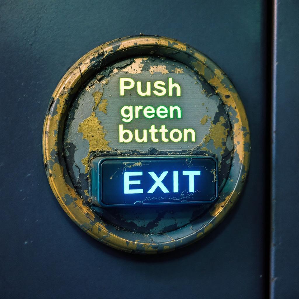a small sign saying push green button to exit