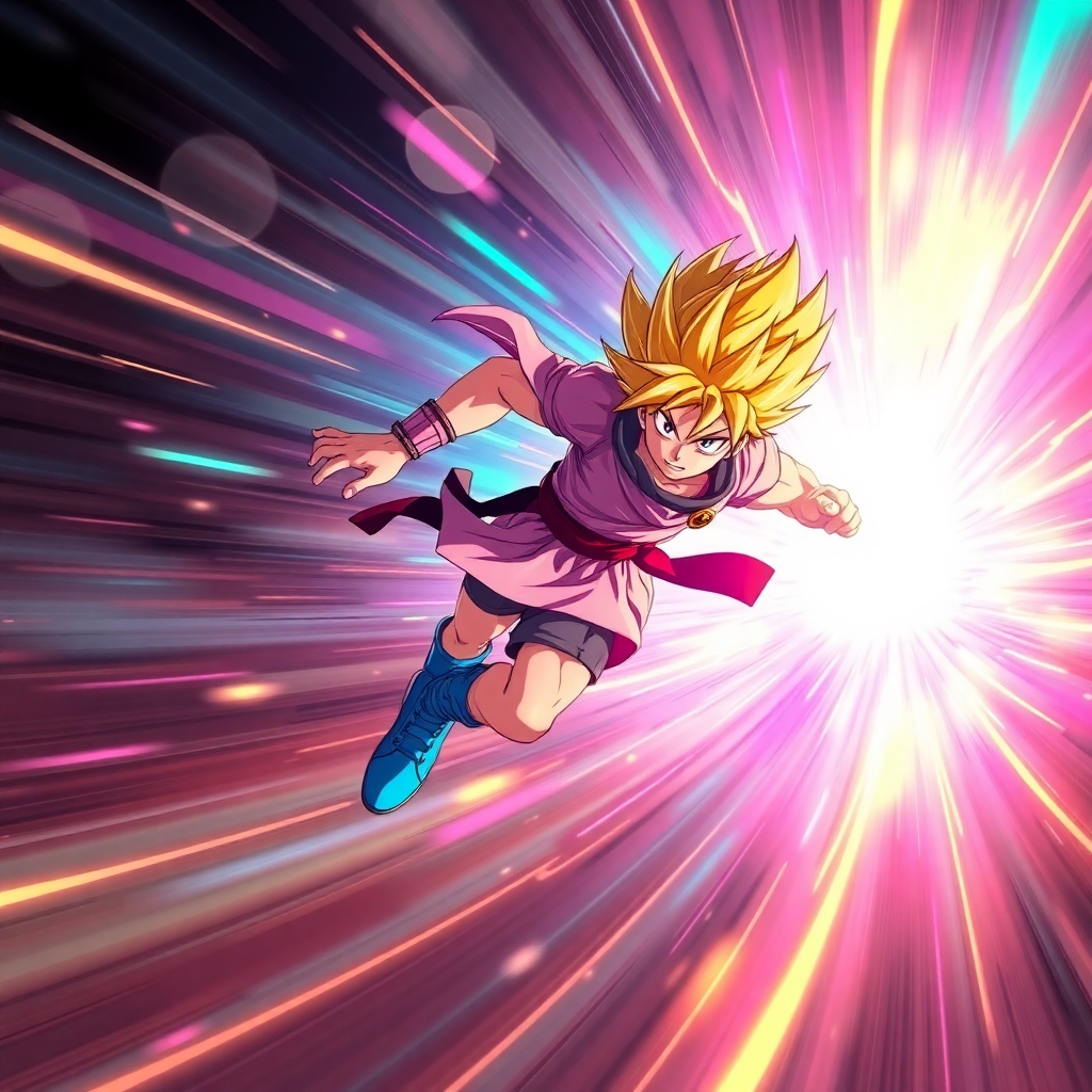 A warrior with glowing golden spiky hair and blue shoes dashing through a dimensional rift, high-energy trail, fuchsia and turquoise glow, intense anime-style action, realistic effects