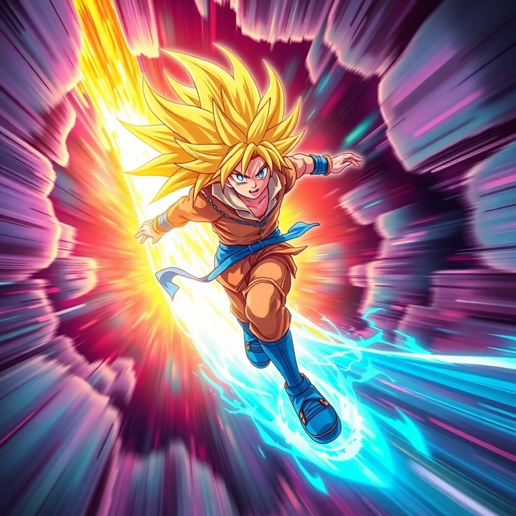 A warrior with glowing golden spiky hair and blue shoes dashing through a dimensional rift, high-energy trail, fuchsia and turquoise glow, intense anime-style action, realistic effects