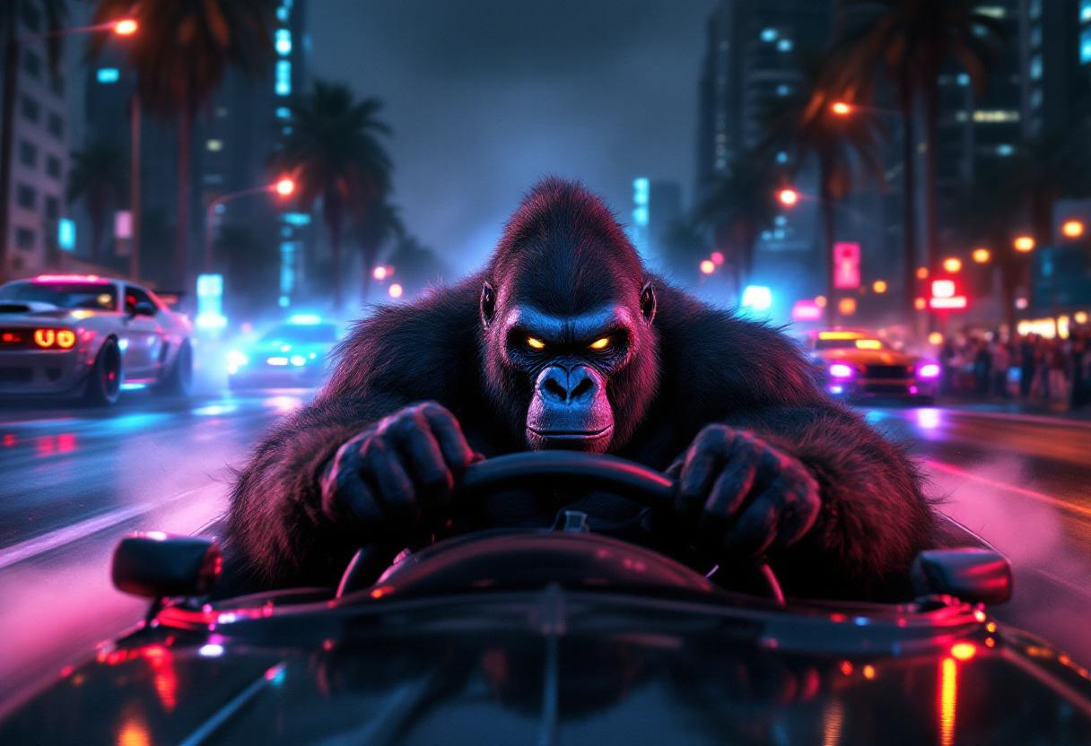 A high-octane street racing scene at night, inspired by Fast & Furious. The focus is on the front of a racing car, with a realistic, muscular, angry gorilla driving — gripping the wheel intensely. The gorilla looks powerful and fierce, with realistic fur texture and glowing eyes, wearing urban racing gloves. Behind him, several other modified street racers with neon underglow race through the wet city streets. The scene is filled with smoke, motion blur, reflections on the asphalt, and a cheering crowd on the sidelines. Palm trees, skyscrapers, and streetlights add to the urban vibe. Cinematic style, dramatic lighting, depth of field, ultra-realistic, action-movie aesthetic