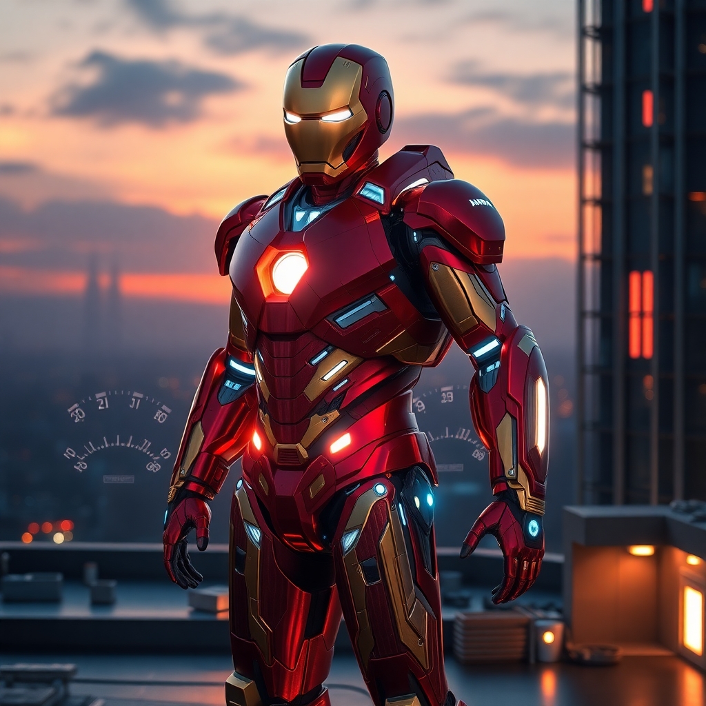 Iron Man in a next-generation nanotech suit, glowing with sleek chrome-red and gold plating, surrounded by holographic HUD elements, jet boosters active, standing tall on a sci-fi rooftop at sunset, powerful stance, cinematic lighting, ultra-detailed armor reflections, photorealistic 8K